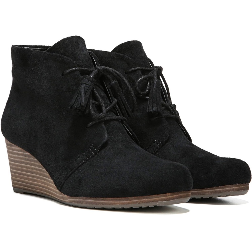 Dr. Scholl’s Dakota Black Suede Wedge Heel Booties with Tassles — Size Women’s 9